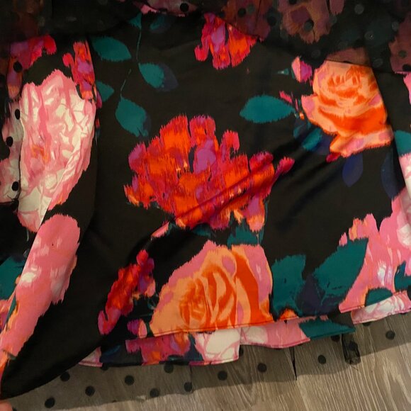 Eliza J Swiss Dot Overlay Black Floral Ballroom Maxi Skirt Pockets Womens  6 - Picture 4 of 8